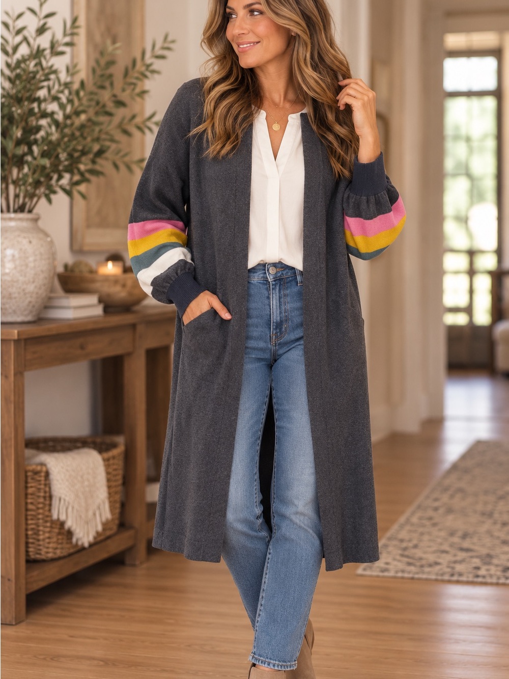 Boden Charcoal Long Open-Front Cardigan with Pink, Yellow & Cream Sleeve Stripes